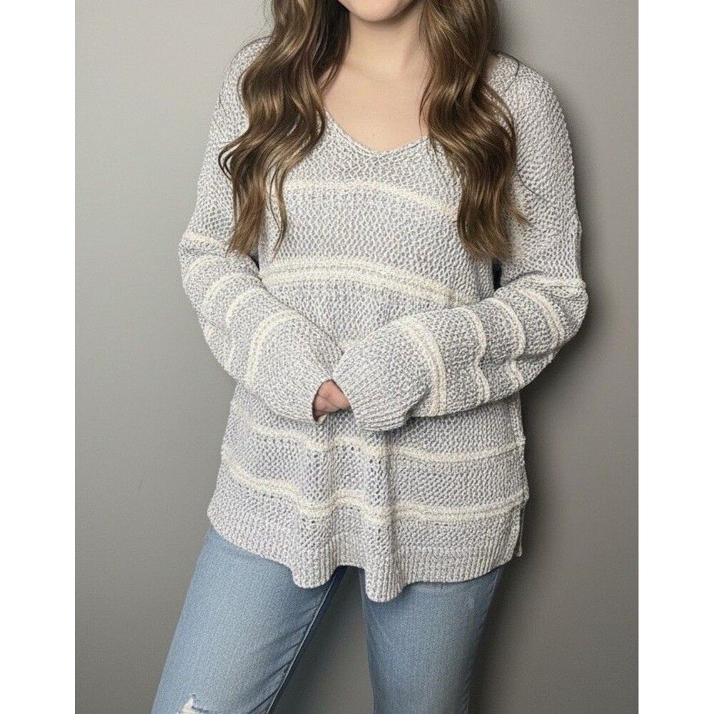 Lou & Grey LOFT Knit Sweater Small Blue White V-Neck Cozy Soft Marled Pullover